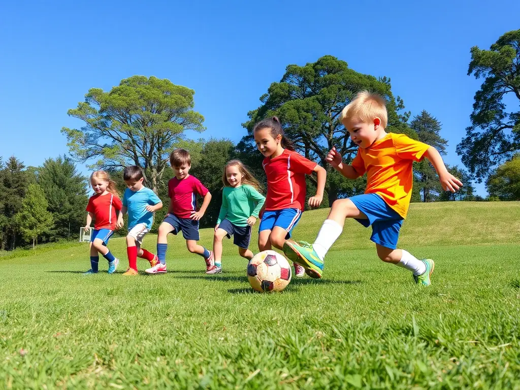 A heartwarming photo of children participating in a youth sports program, emphasizing the organization's dedication to fostering a love of sports and physical activity in young people.