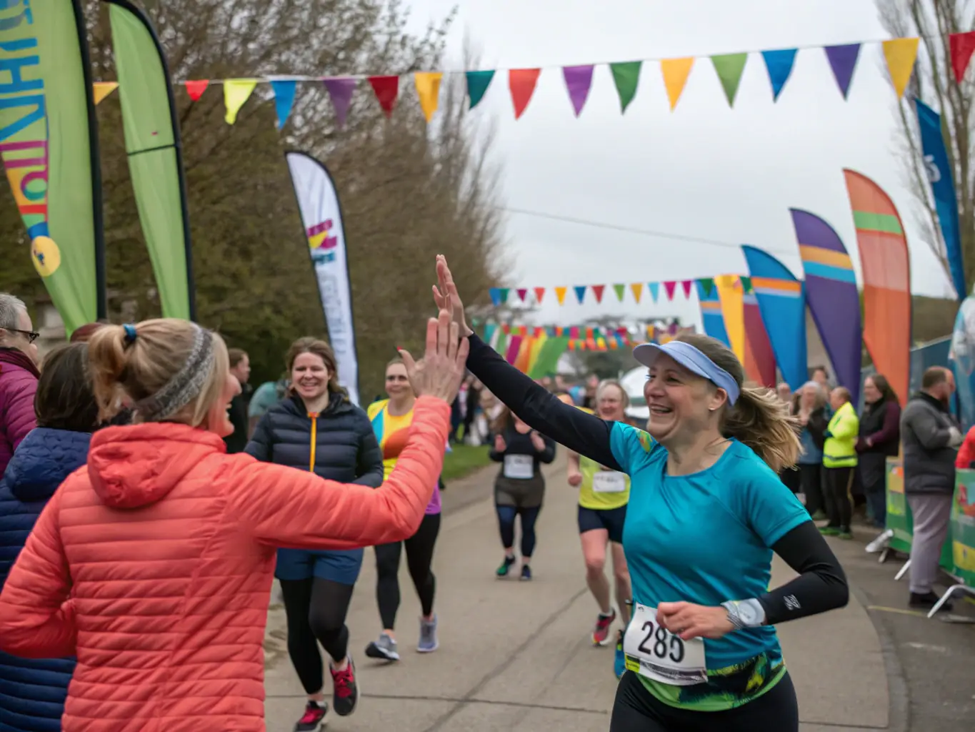 A vibrant photograph capturing participants of all ages and abilities running in the '3 Hours of Saint Florent' endurance event, showcasing the community spirit and inclusivity of the event.